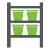 Green bins held in grey rack
