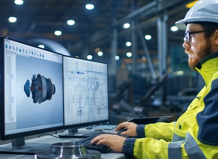 Man in a white hard hat looking at two computer monitors with custom CAD drawings for fasteners