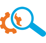 Orange cog with blue magnifying glass