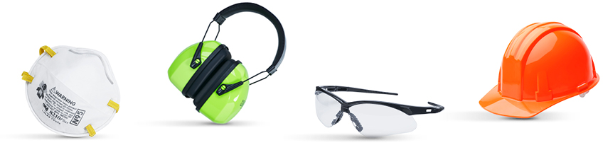 Eine N95-Maske, schützende Ohrenschützer, eine Schutzbrille und ein orangefarbener Schutzhelm