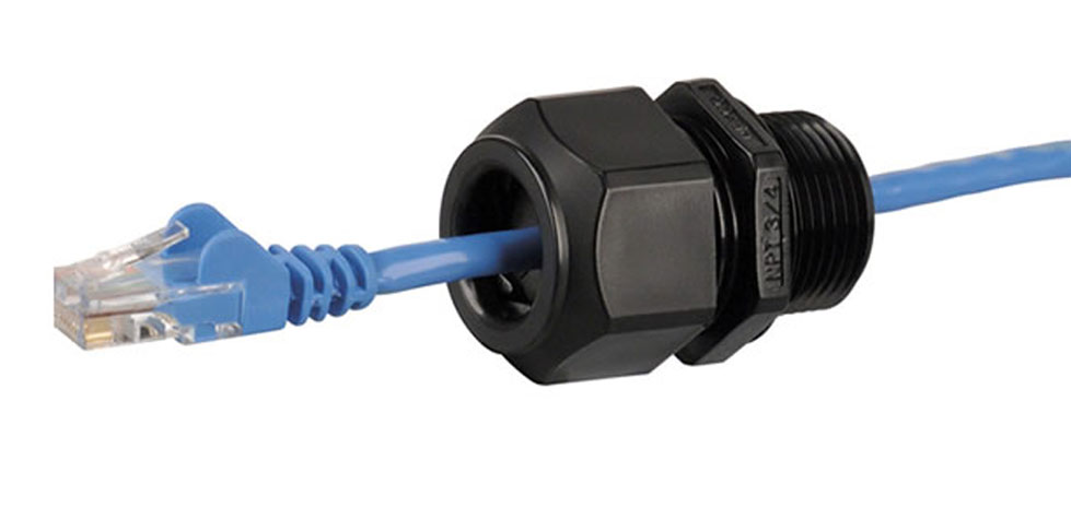 Blue ethernet cable going through a black bolt