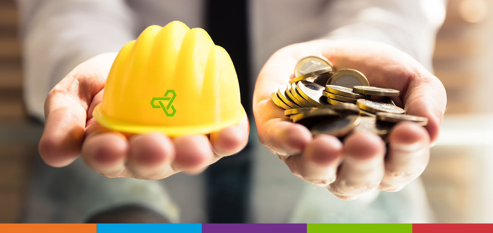 A person holding out their hands one holding a yellow hard hat and one holding coins