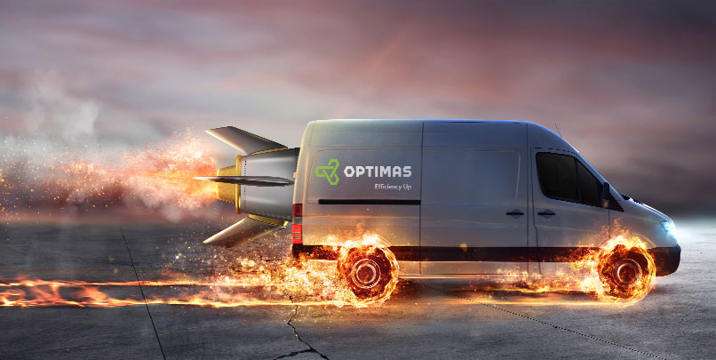 A white van with the Optimas logo on it and a rocket on the back of it