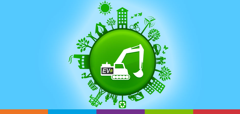 An electric excavator icon on a green energy planet