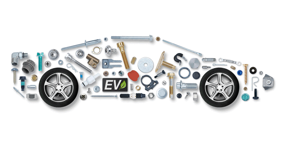 Animated electric car made of different nuts, bolts and screws