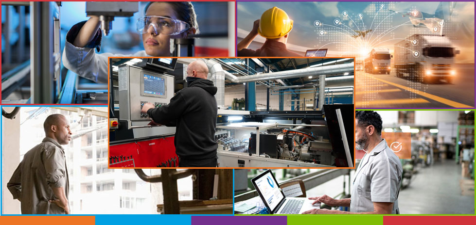 Image collage of person working fastener machine, person looking at trucks, person working in a fastener warehouse, and person using a fastener inspection tool