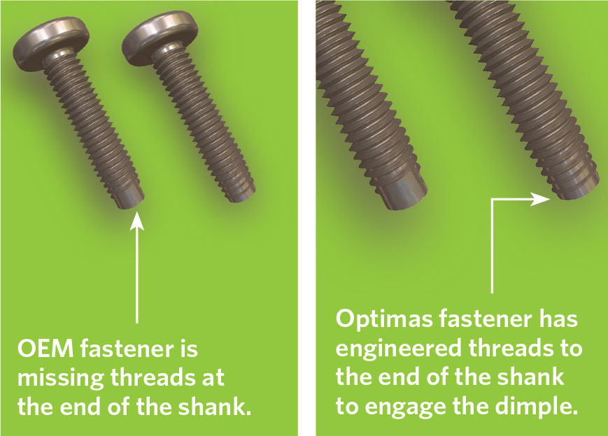 Side by side comparision of OEM fastener missing threads and Optimas fastener with engineered threads to end of fastener shank