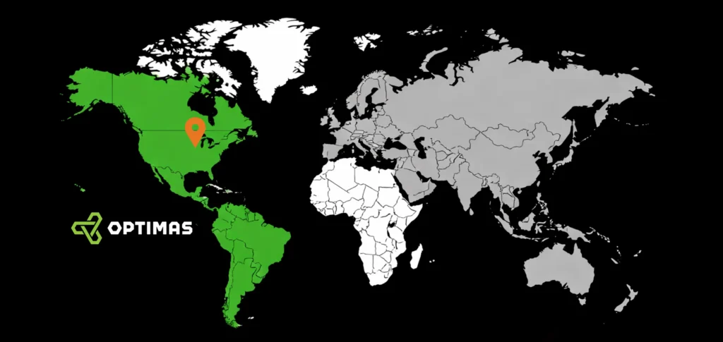 Optimas Map showing US in green, Europe in white and gray rest of the countries expecially eastern areas