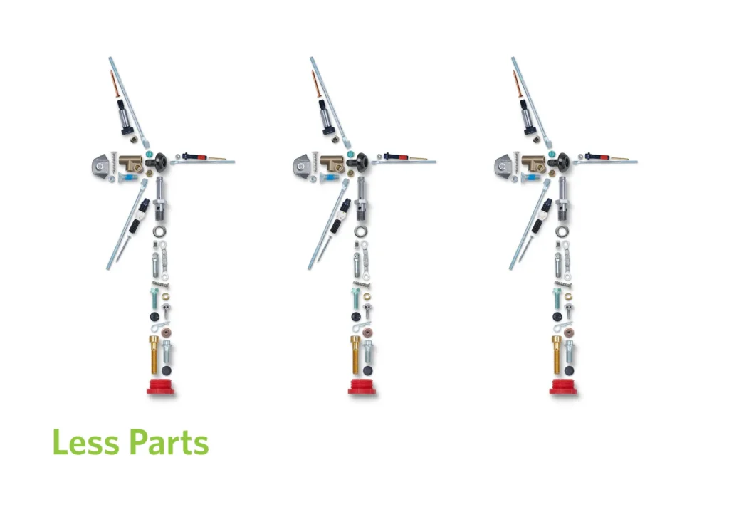 Wind turbines, three in a row made of parts and tools