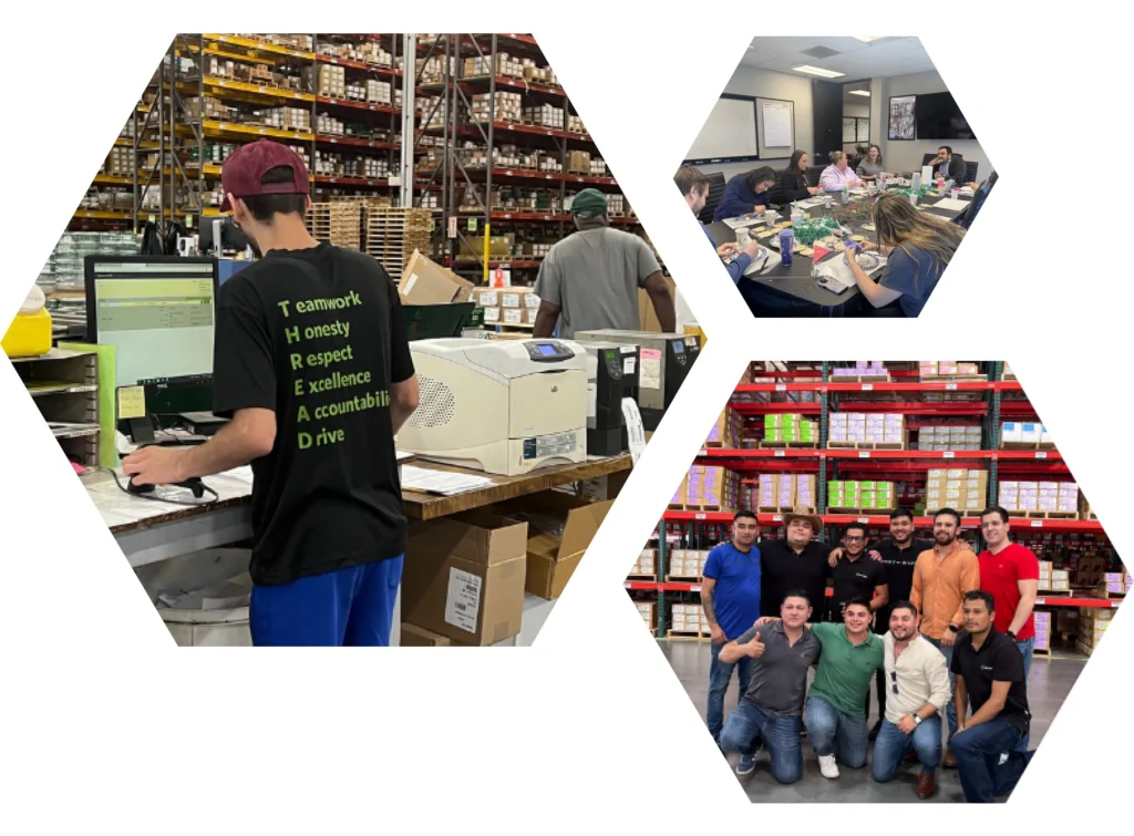 Collage of warehouse and office scenes: A person in a t-shirt with "TEAMWORK HONESTY RESPECT EXCELLENCE ACCOUNTABILITY DRIVE" printed vertically is working at a computer in a warehouse. Another section shows a group of people in a meeting room. A third section depicts a group of men posing in front of shelves stacked with products in a warehouse.